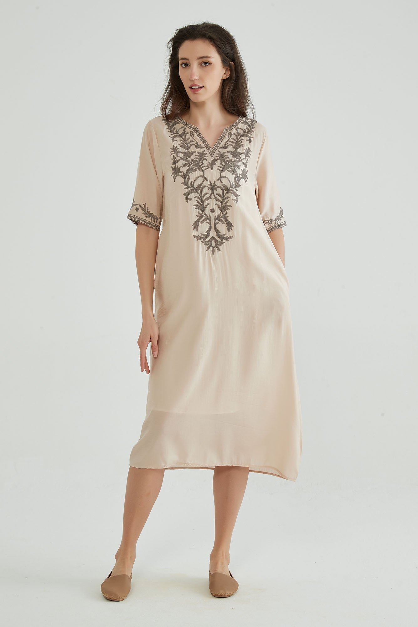 Ivory White Floral Embroidered Gown - Whisper Mint